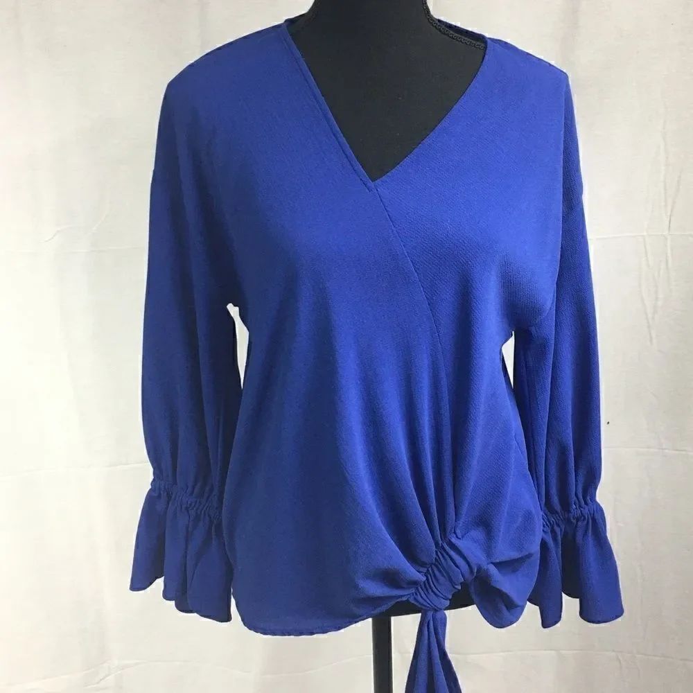 Small Juicy Couture Royal blue long ruffled puffy sleeves v neck faux tie front
